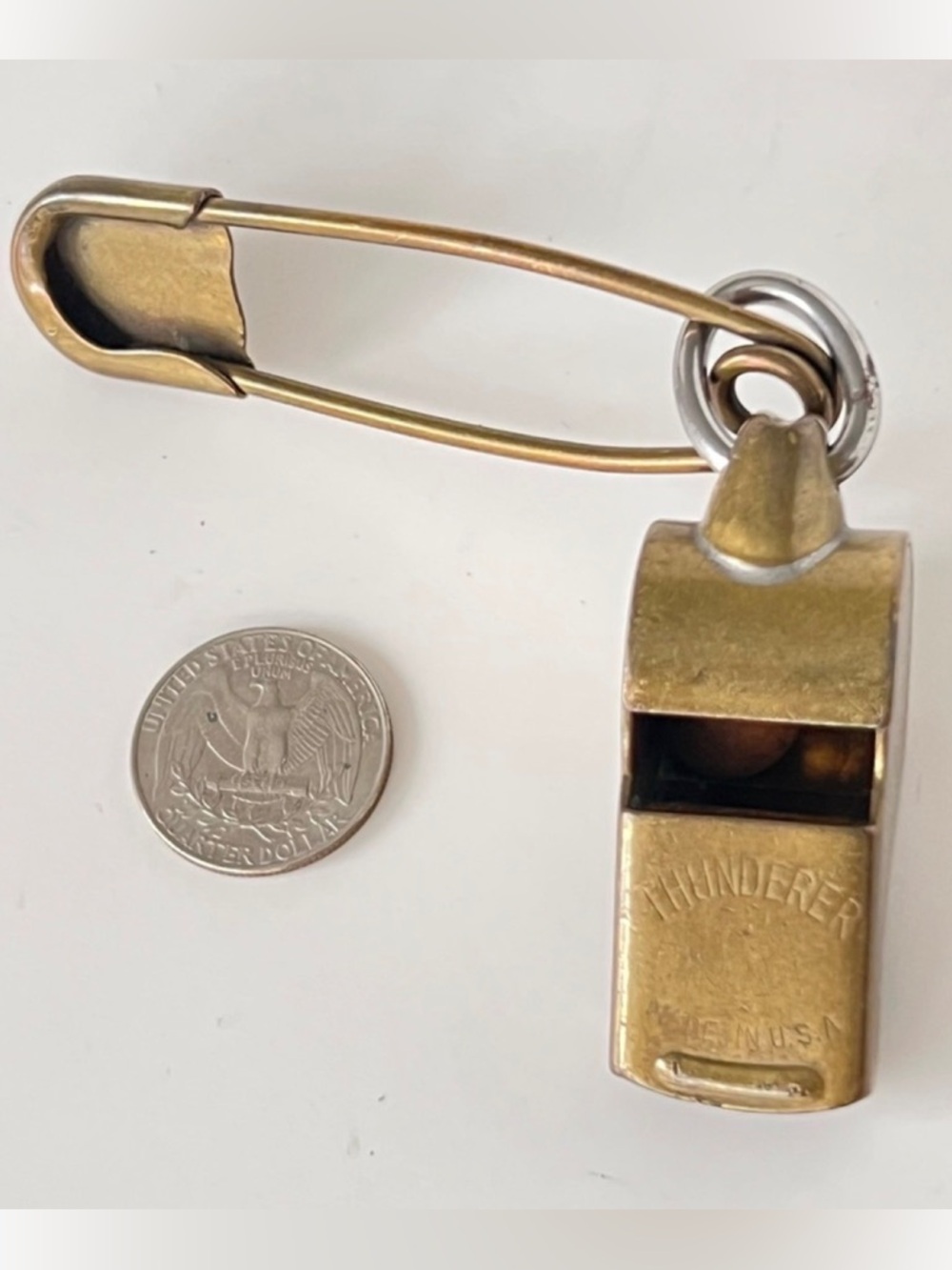 Vintage C1940s Brass “Thunderer” Whistle Made in USA with Original Safety Pin